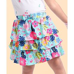 Babyhug Single Jersey Knit Knee Length Layered Floral Printed Skirt with Bow Applique - Multicolor