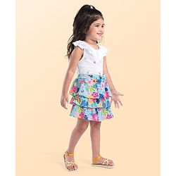 Babyhug Single Jersey Knit Knee Length Layered Floral Printed Skirt with Bow Applique - Multicolor