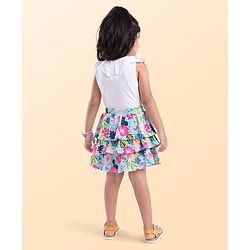 Babyhug Single Jersey Knit Knee Length Layered Floral Printed Skirt with Bow Applique - Multicolor