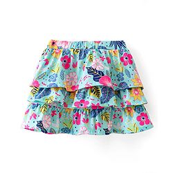 Babyhug Single Jersey Knit Knee Length Layered Floral Printed Skirt with Bow Applique - Multicolor