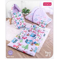 Babyhug Premium Bedding Super Saver Combo Fox Print Set of 3 - Lilac| 100% Cotton Fabric| New Born Gifting Option| For Boys and Girls| Pillows and Bolsters| Light Weight and Travel Friendly| Baby Safe Material| Delicate on Baby's skin| Breathable Fab