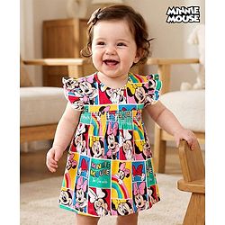 Babyhug Disney Knit Frill Sleeves Frock Style Onesie with Minnie Mouse Print - Multicolour