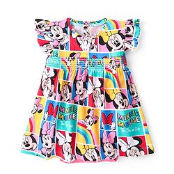 Babyhug Disney Knit Frill Sleeves Frock Style Onesie with Minnie Mouse Print - Multicolour