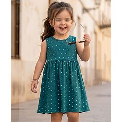 Babyhug Single Jersey Knit Sleeveless Frock With Polka Dot Print - Teal
