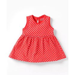 Babyhug Single Jersey Knit Sleeveless Frock With Polka Dot Print - Red
