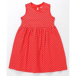 Babyhug Single Jersey Knit Sleeveless Frock With Polka Dot Print - Red