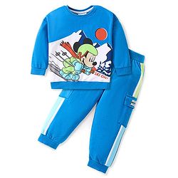 Babyhug Disney Cotton Knit Full Sleeves Sweatshirt & Lounge Pants Set With Mickey Mouse Front & Back Graphics - Blue