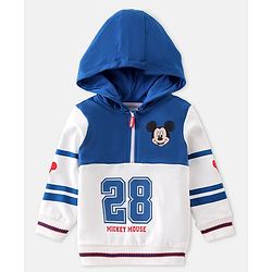 Babyhug Disney Front Open Full Sleeves Hooded Sweat Shirt With Front and Back Mickey Mouse Graphic and Badge Detailing - Blue