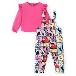 Babyhug Disney  Dungaree With Full Sleeves Top and Minnie Mouse & Friends All Over Print & Pocket Detailing - Pink
