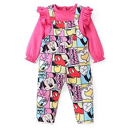 Babyhug Disney  Dungaree With Full Sleeves Top and Minnie Mouse & Friends All Over Print & Pocket Detailing - Pink