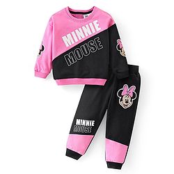Babyhug Disney Terry Knit Drop Shoulder Full Sleeves Sweatshirt & Lounge Pants Set With Minnie Mouse Graphics & Cut & Sew Detailing - Black & Pink
