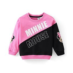 Babyhug Disney Terry Knit Drop Shoulder Full Sleeves Sweatshirt & Lounge Pants Set With Minnie Mouse Graphics & Cut & Sew Detailing - Black & Pink