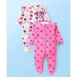 Babyhug Disney Cotton Knit Full Sleeves Sleep Suit with Minnie Mouse Graphics & Frill Detailing Pack of 2 - White & Pink