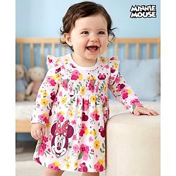 Babyhug Disney Interlock Knit Full Sleeves Frock Onesie With Minnie Mouse Print- Multicolor