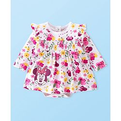 Babyhug Disney Interlock Knit Full Sleeves Frock Onesie With Minnie Mouse Print- Multicolor