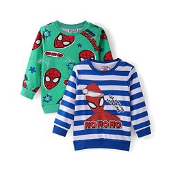 Babyhug Marvel Knit Full Sleeves Sweatshirts With Spider Man Graphics Pack of 2 - Green & White