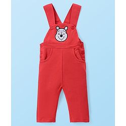 Babyhug Disney Knit Full Sleeves Winnie The Pooh Graphic T-Shirt Terry Dungaree Set & Applique Detailing Dungaree - Red