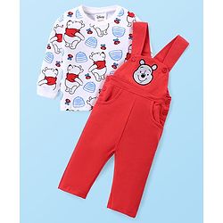 Babyhug Disney Knit Full Sleeves Winnie The Pooh Graphic T-Shirt Terry Dungaree Set & Applique Detailing Dungaree - Red