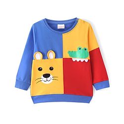 Babyhug Cotton Knit Full Sleeves Sweatshirt With Cut & Sew Design & Animal Applique - Multicolour