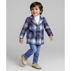 Babyhug Woven Solid T-Shirt & Jeans Set With Full Sleeves Checks Blazer - White