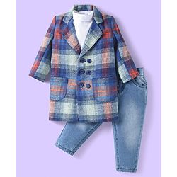 Babyhug Woven Solid T-Shirt & Jeans Set With Full Sleeves Checks Blazer - White