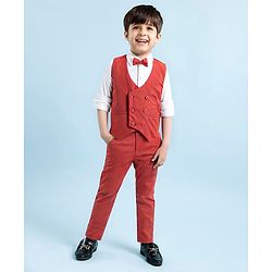 Babyhug Woven Full Sleeves Solid Color Party Suit with Shirt Waistcoat Trousers and Bow - White Rust Red