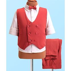 Babyhug Woven Full Sleeves Solid Color Party Suit with Shirt Waistcoat Trousers and Bow - White Rust Red