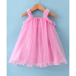 Babyhug Woven Sleeveless A Line Dress With Corsage & Bow Detailing - Pink
