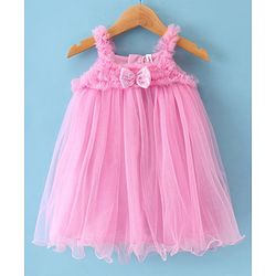 Babyhug Woven Sleeveless A Line Dress With Corsage & Bow Detailing - Pink
