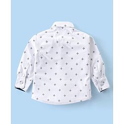 Babyhug Woven Full Sleeves Printed Shirt & Bottom Set With Cap & Suspenders - White & Teal Blue