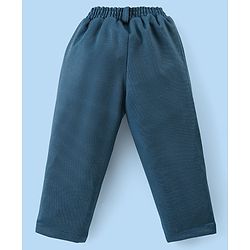 Babyhug Woven Full Sleeves Printed Shirt & Bottom Set With Cap & Suspenders - White & Teal Blue