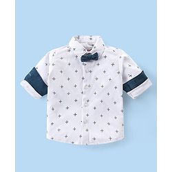 Babyhug Woven Full Sleeves Printed Shirt & Bottom Set With Cap & Suspenders - White & Teal Blue