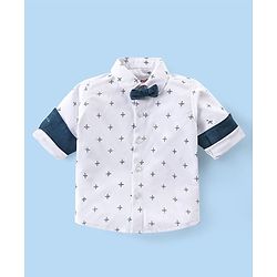 Babyhug Woven Full Sleeves Printed Shirt & Bottom Set With Cap & Suspenders - White & Teal Blue