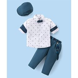 Babyhug Woven Full Sleeves Printed Shirt & Bottom Set With Cap & Suspenders - White & Teal Blue