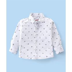 Babyhug Woven Full Sleeves Printed Shirt & Bottom Set With Cap & Suspenders - White & Teal Blue