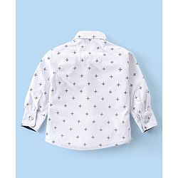 Babyhug Woven Full Sleeves Printed Shirt & Bottom Set With Cap & Suspenders - White & Teal Blue
