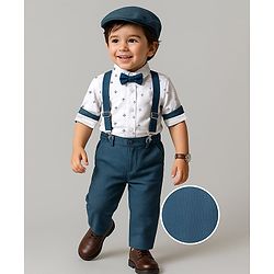 Babyhug Woven Full Sleeves Printed Shirt & Bottom Set With Cap & Suspenders - White & Teal Blue