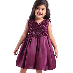Babyhug Woven Sleeveless Textured Yoke Fit & Flared  Party Frock with Floral Applique -Wine