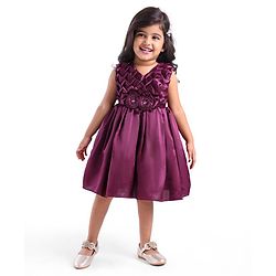 Babyhug Woven Sleeveless Textured Yoke Fit & Flared  Party Frock with Floral Applique -Wine