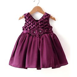 Babyhug Woven Sleeveless Textured Yoke Fit & Flared  Party Frock with Floral Applique -Wine