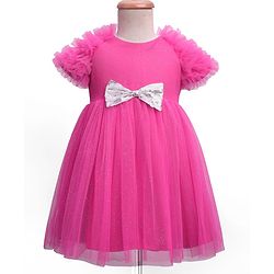 Babyhug Woven Ruffled Sleeves Party Dress With Bow Applique - Fuschia