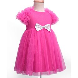 Babyhug Woven Ruffled Sleeves Party Dress With Bow Applique - Fuschia