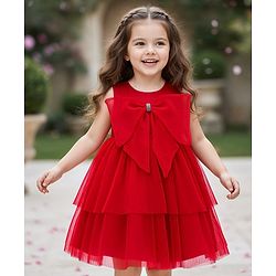 Babyhug Woven Sleeveless Tierred Party Frock with Bow Applique Solid Colour - Red
