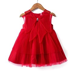 Babyhug Woven Sleeveless Tierred Party Frock with Bow Applique Solid Colour - Red