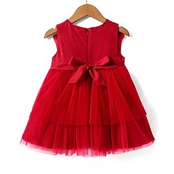 Babyhug Woven Sleeveless Tierred Party Frock with Bow Applique Solid Colour - Red