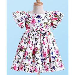 Babyhug Woven Half Puffed Sleeves Party Dress With Floral Print & Bow Applique - White