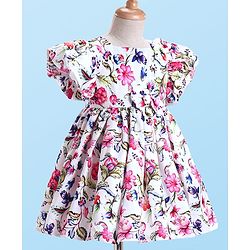 Babyhug Woven Half Puffed Sleeves Party Dress With Floral Print & Bow Applique - White