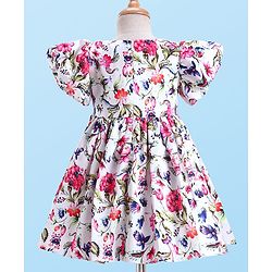 Babyhug Woven Half Puffed Sleeves Party Dress With Floral Print & Bow Applique - White