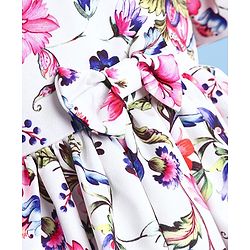 Babyhug Woven Half Puffed Sleeves Party Dress With Floral Print & Bow Applique - White