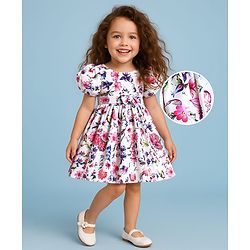 Babyhug Woven Half Puffed Sleeves Party Dress With Floral Print & Bow Applique - White